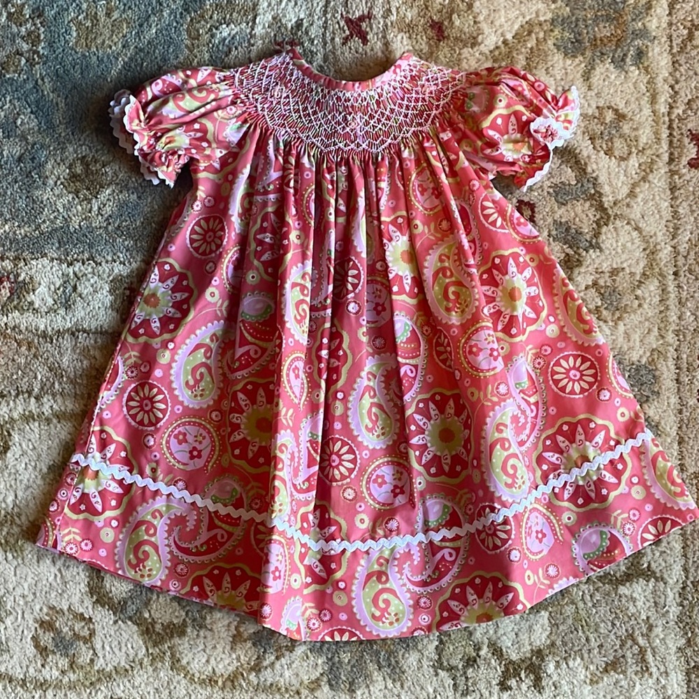 Classic Whimsy coral paisley smocked dress